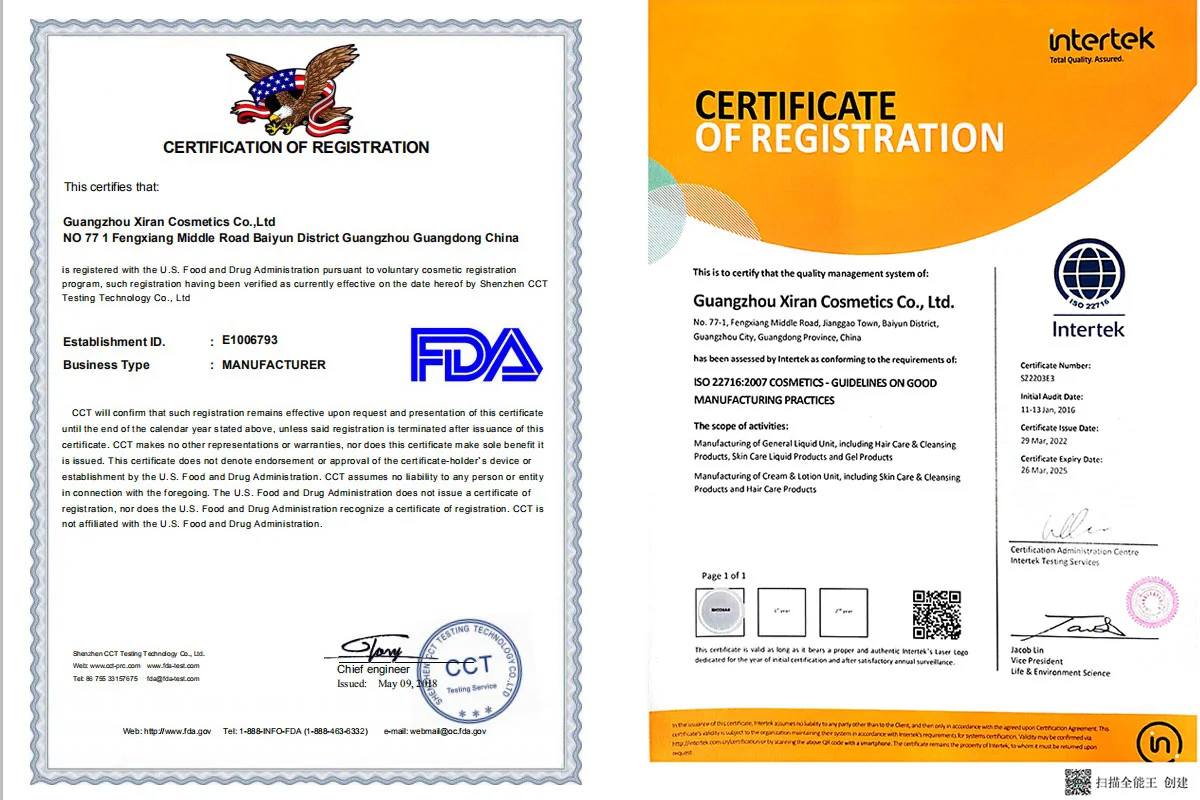 Two certificates for Guangzhou Xiran Cosmetics: FDA registration and ISO 22716 from Intertek. Detailed text and logos present.